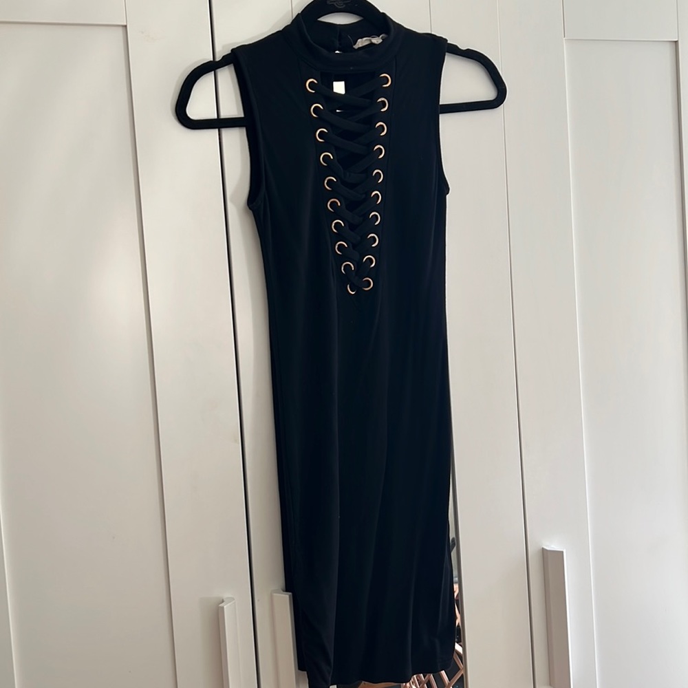 Black Mini Dress (LBD) with Cut off Sleeves; Cutout (Criss Cross) Neckline